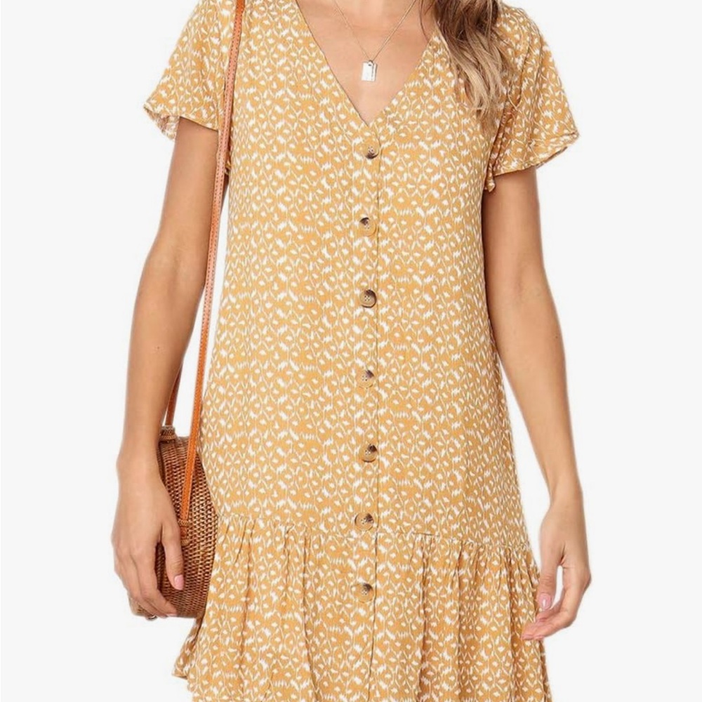 Chuanqi Womens Button Down Ruffles Casual Loose Swing Short Mini T-Shirt Dress
